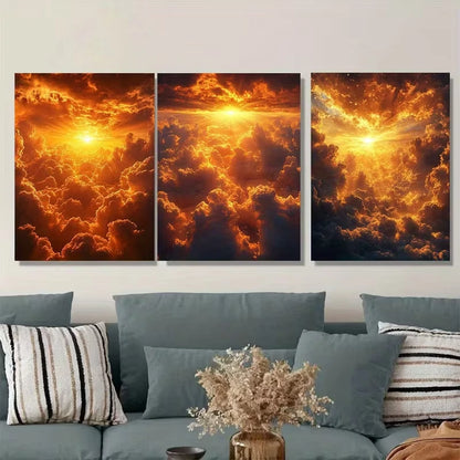 3pcs The Brilliant Sun Piercing Through Clouds Metal Print Ready to Hang Art