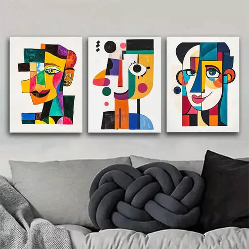 3pcs Vibrant Cubist-Style Face Triptych Wall Art Set Wall Art Canvas Unframed - High Quality Print 100% Australian Made Wall Canvas