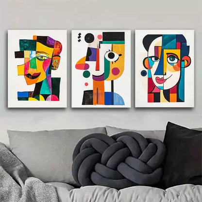 3pcs Vibrant Cubist-Style Face Triptych Wall Art Set Wall Art Canvas Unframed - High Quality Print 100% Australian Made Wall Canvas