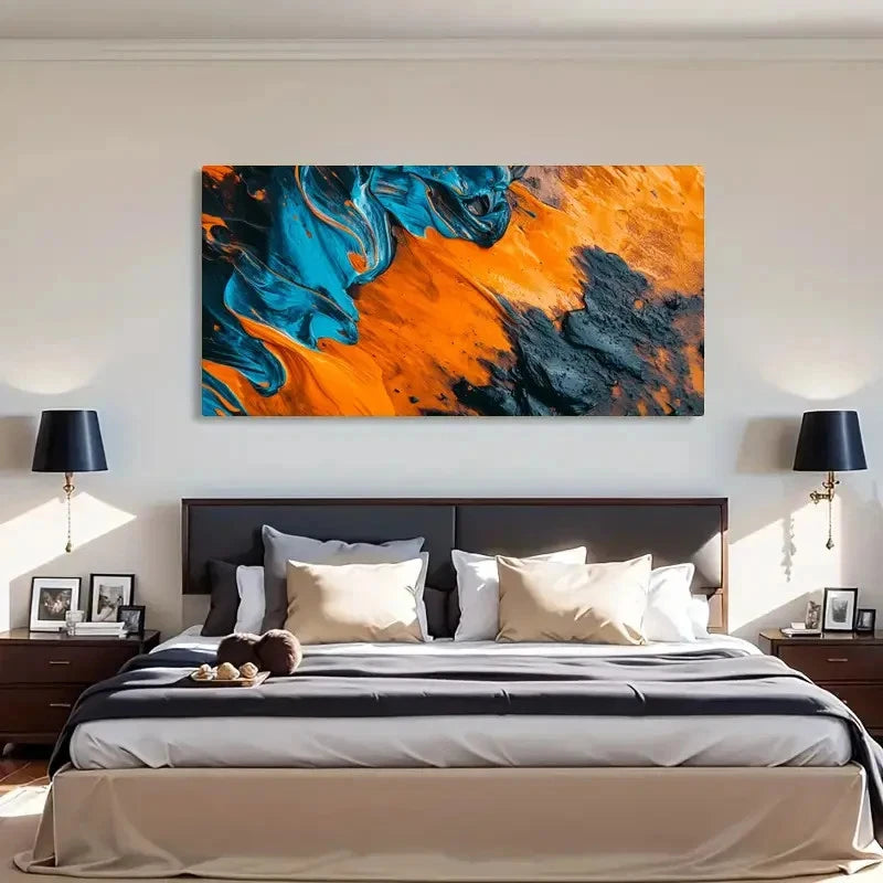 Teal & Orange Swirling Abstract Wall Art Canvas Office Home Room Framed 120x60cm - Bella Home Decor