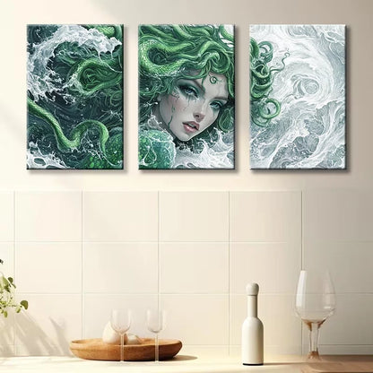 3pcs Green Beautiful Medusa Wall Art Set Canvas Framed 50x70cm - High Quality Print 100% Australian Made Wall Canvas Ready to Hang