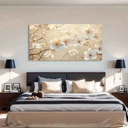 White Blossoms Deco Floral Wall Art Canvas Office Home Room Framed 120x60cm - Bella Home Decor