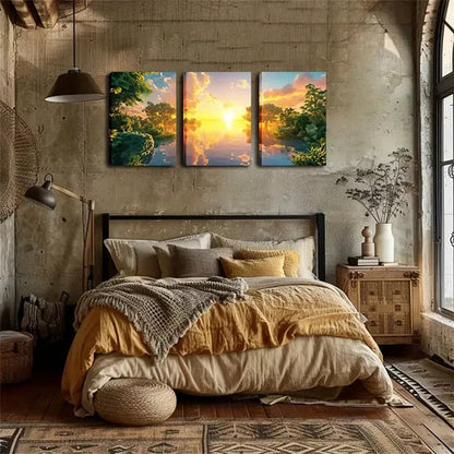 3pcs Oil On Canvas, Lake And Sunrise Wall Art Canvas Unframed - High Quality Print 100% Australian Made Wall Canvas