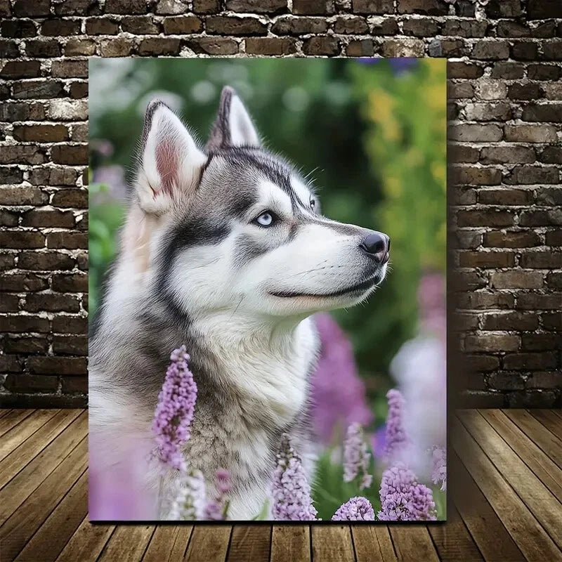 Flowers And Plants Cute Alaskan Malamute Dog Painting 40x60cm Metal Print Ready to Hang
