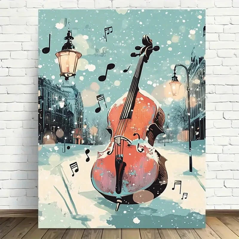 Beautiful Snowy Cello Symphony Painting  40x60cm Metal Print Ready to Hang - Bella Home Decor