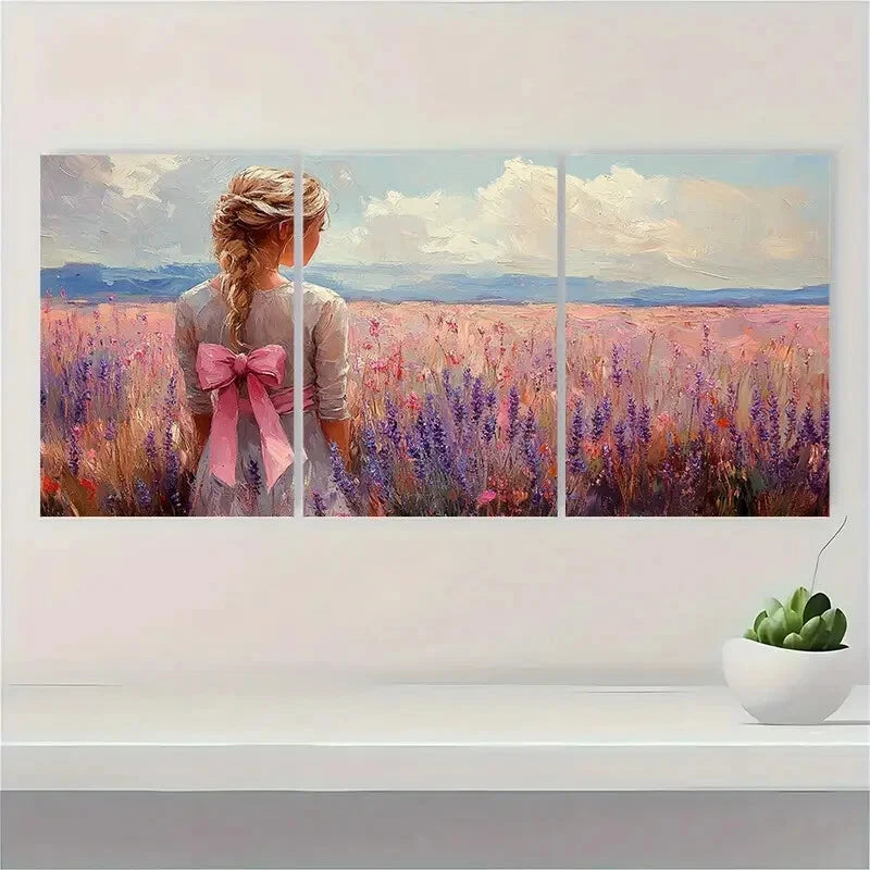 3pcs Pink Bow Art Wildflowers Bouquet Painting Metal Print Ready to Hang Art - Bella Home Decor