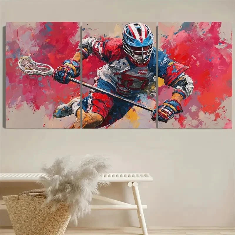 3pcs American Lacrosse Boy Man Sport Art Wall Art Set Canvas Framed 60x90cm - High Quality Print 100% Australian Made Wall Canvas Ready to Hang - Bella Home Decor