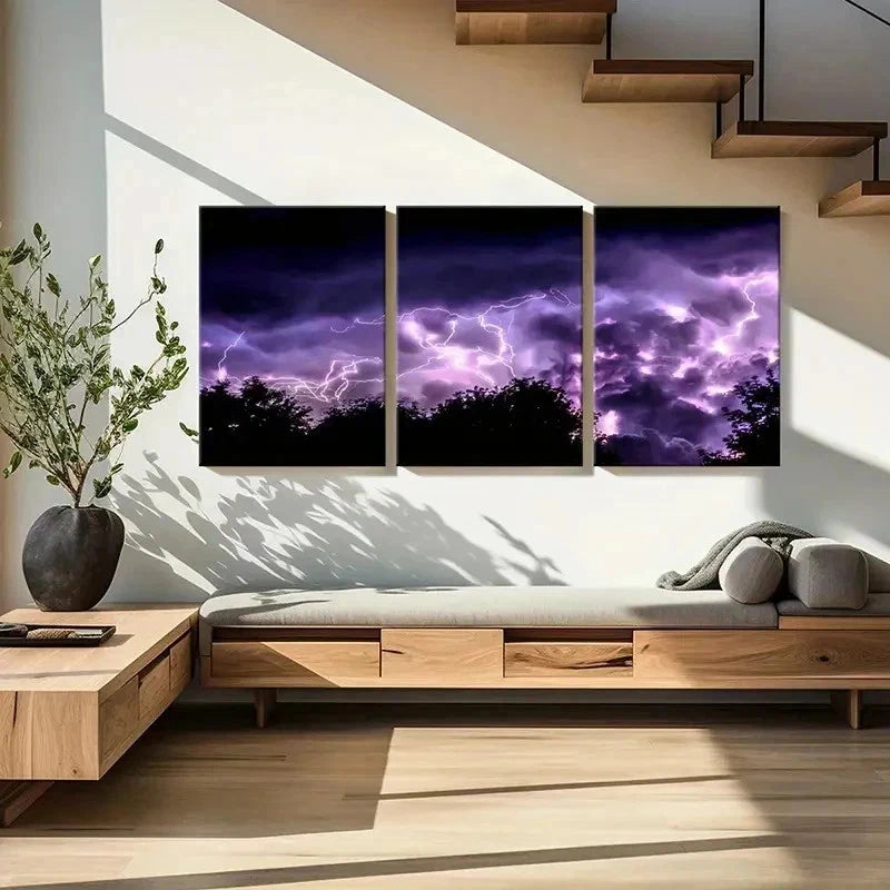 3pcs Purple Lightning Thunder Weather Wall Art Set Canvas Framed 50x70cm - High Quality Print 100% Australian Made Wall Canvas Ready to Hang