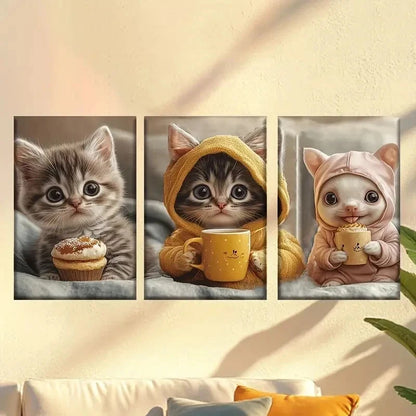 3pcs Cute modern style cake cat, coffee cat Wall Art Set Canvas Framed 60x90cm - High Quality Print 100% Australian Made Wall Canvas Ready to Hang - Bella Home Decor