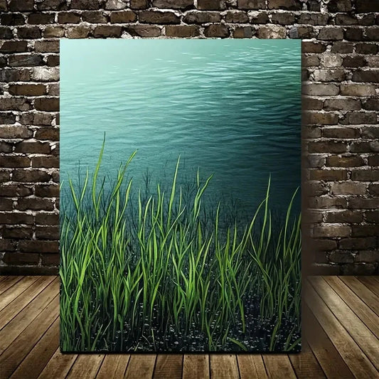 Emerald Water Grass Meadow Painting 40x60cm Metal Print Ready to Hang