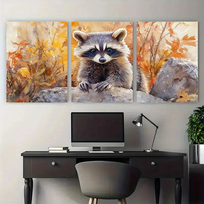 3pcs Raccoon Watercolour Animal Illustration Wall Art Set Canvas Framed 60x90cm - High Quality Print 100% Australian Made Wall Canvas Ready to Hang - Bella Home Decor