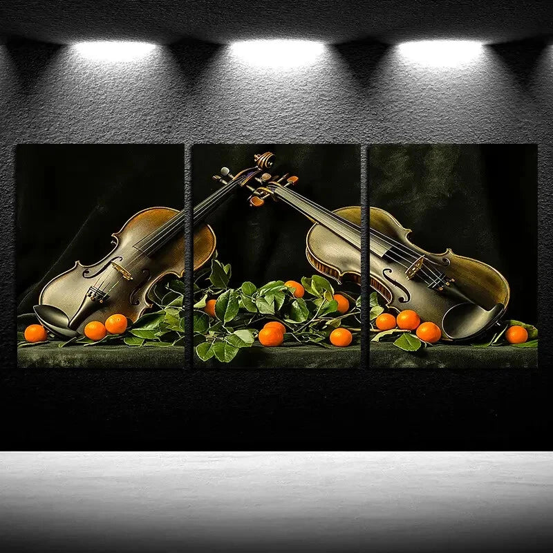 3pcs Green Violin with Orange Fruits Metal Print Ready to Hang Art - Bella Home Decor