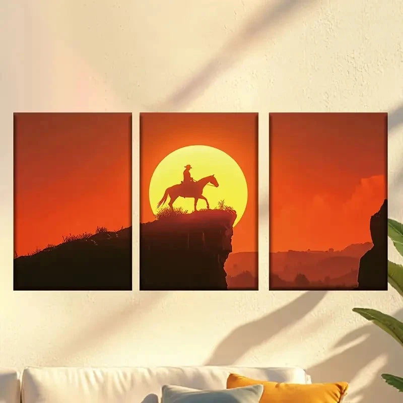 3pcs Classic Cowboy on Cliff at Sunset Wall Art Set Canvas Framed 40x60cm - High Quality Print 100% Australian Made Wall Canvas Ready to Hang - Bella Home Decor