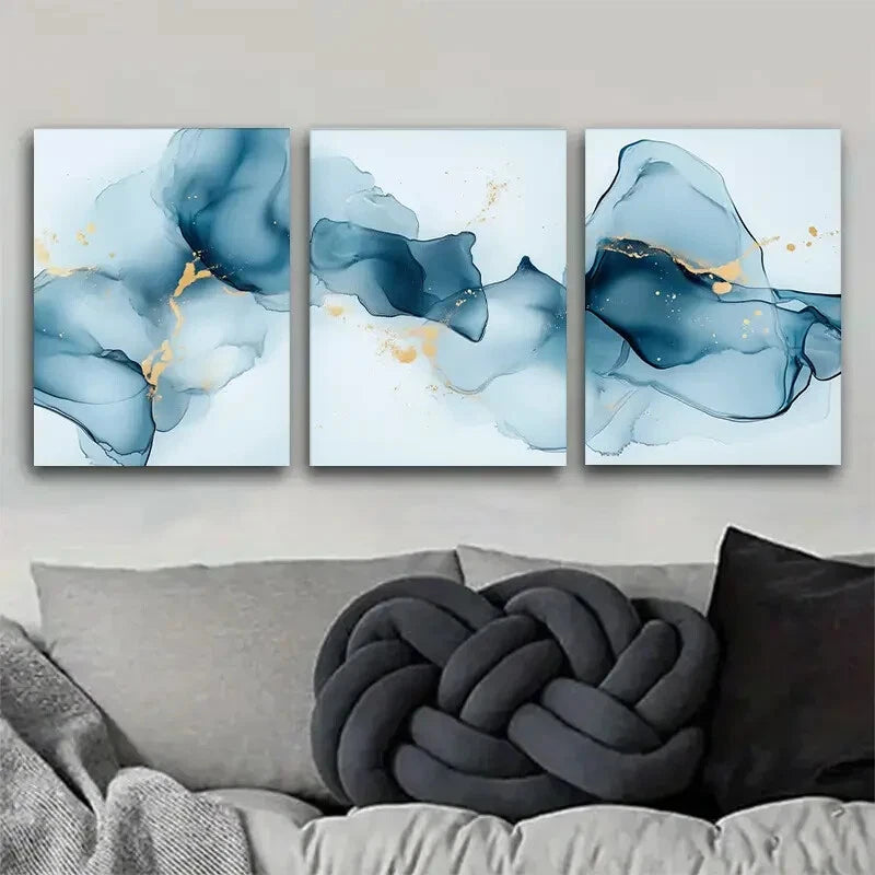 3pcs Blue and Golden Abstract Fluid Metal Print Ready to Hang Art