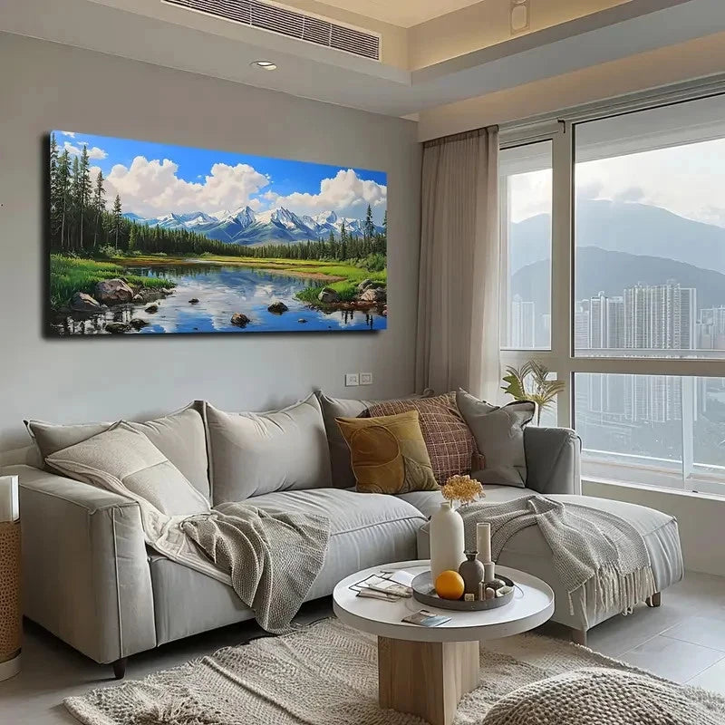 Green Lawn and Clear Stream Wall Art canvas office home room framed 120x60cm - Bella Home Decor