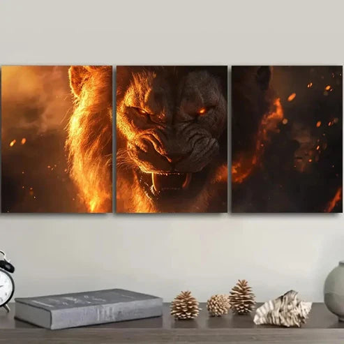 3pcs Modern Art Deco Style Firey Lion Wall Art Set Canvas Unframed - High Quality Print 100% Australian Made Wall Canvas - Bella Home Decor