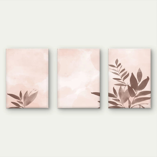 3pcs Neutral Pastel Pink and Brown Leaves Wall Art Set Canvas Framed 40x60cm - High Quality Print 100% Australian Made Wall Canvas Ready to Hang