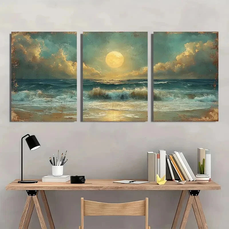 3pcs Moonlit Seaside Vintage Rustic Nature Metal Print Ready to Hang Art - Bella Home Decor