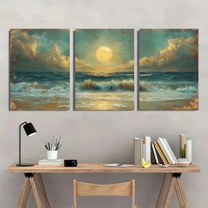3pcs Moonlit Seaside Vintage Rustic Nature Metal Print Ready to Hang Art - Bella Home Decor