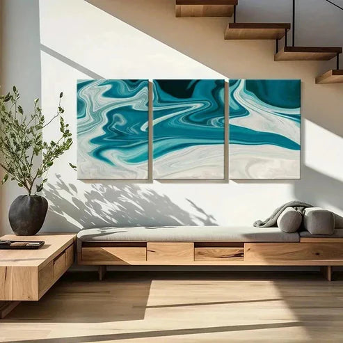 3pcs Blue Green Fluid Gradient Line Wall Art Canvas Unframed - High Quality Print 100% Australian Made Wall Canvas - Bella Home Decor