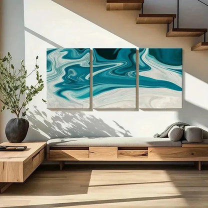 3pcs Blue Green Fluid Gradient Line Wall Art Canvas Unframed - High Quality Print 100% Australian Made Wall Canvas - Bella Home Decor