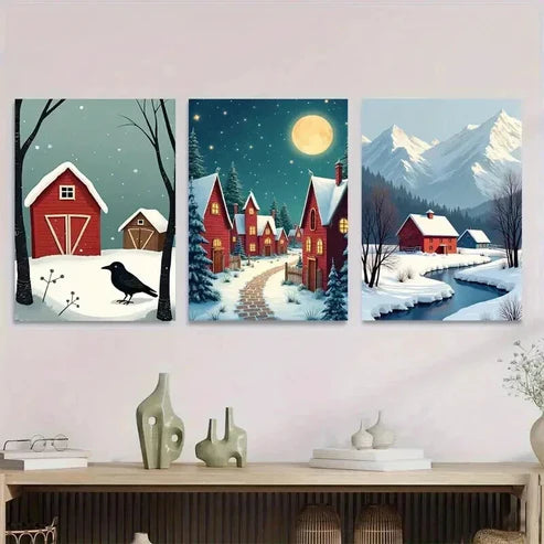 3pcs Cozy Winter Village Snowy Night Scene Wall Art Canvas Unframed - High Quality Print 100% Australian Made Wall Canvas - Bella Home Decor
