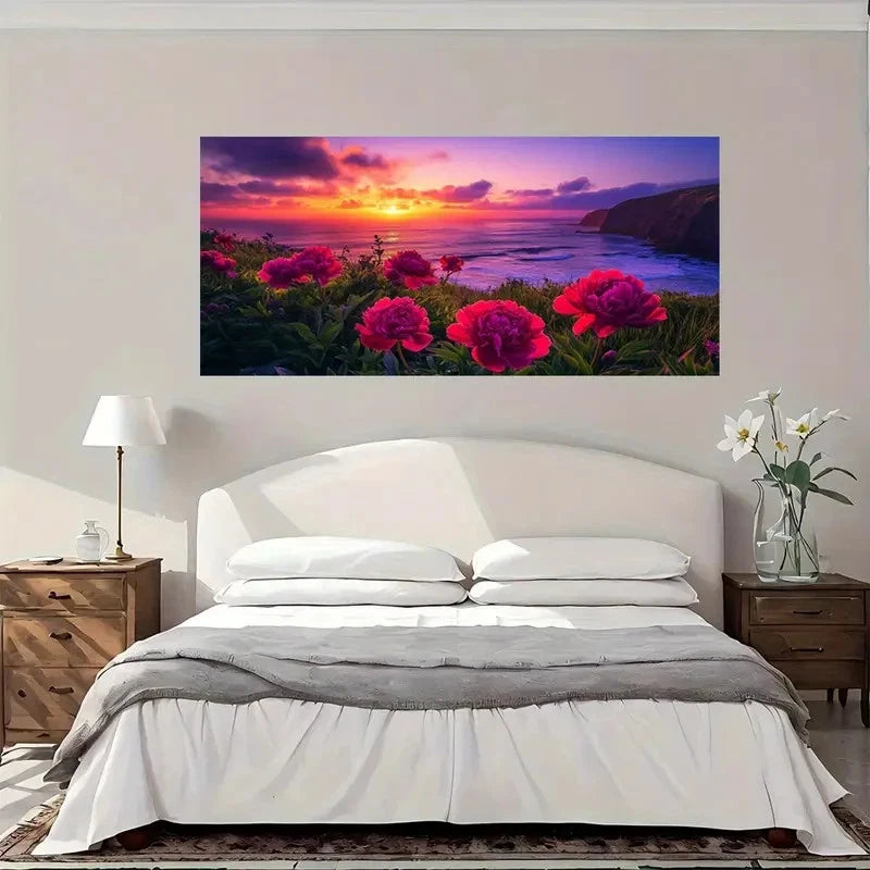 Ocean Sunset With Peonies Wall Art Canvas Office Home Room Framed 120x60cm
