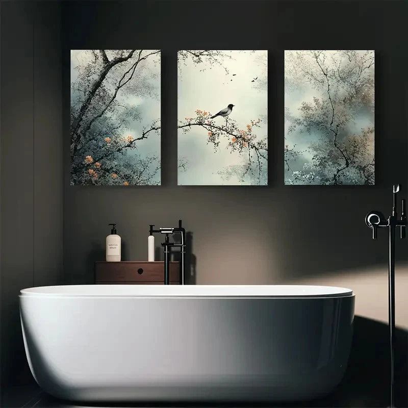 3pcs Modern Charming Bird & Branch Abstract Metal Print Ready to Hang Art - Bella Home Decor
