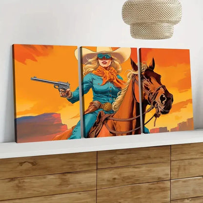 3pcs Vintage Art Cow Girl Style Brown Horse Lady Wall Art Set Canvas Unframed - High Quality Print 100% Australian Made Wall Canvas