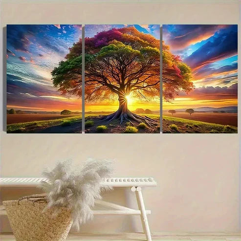3pcs Multicolored Tree at Sunset Wall Art Set Canvas Unframed - High Quality Print 100% Australian Made Wall Canvas - Bella Home Decor