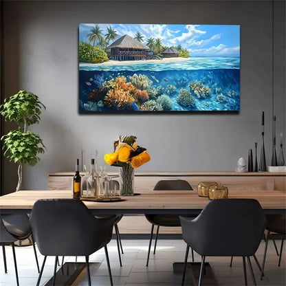 Island Thatched Hut And Coral Wall Art Canvas Office Home Room Framed 120x60cm