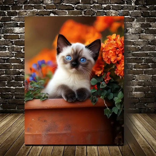 Cute Siamese Kitten with Flowers & Plants Painting 40x60cm Metal Print Ready to Hang