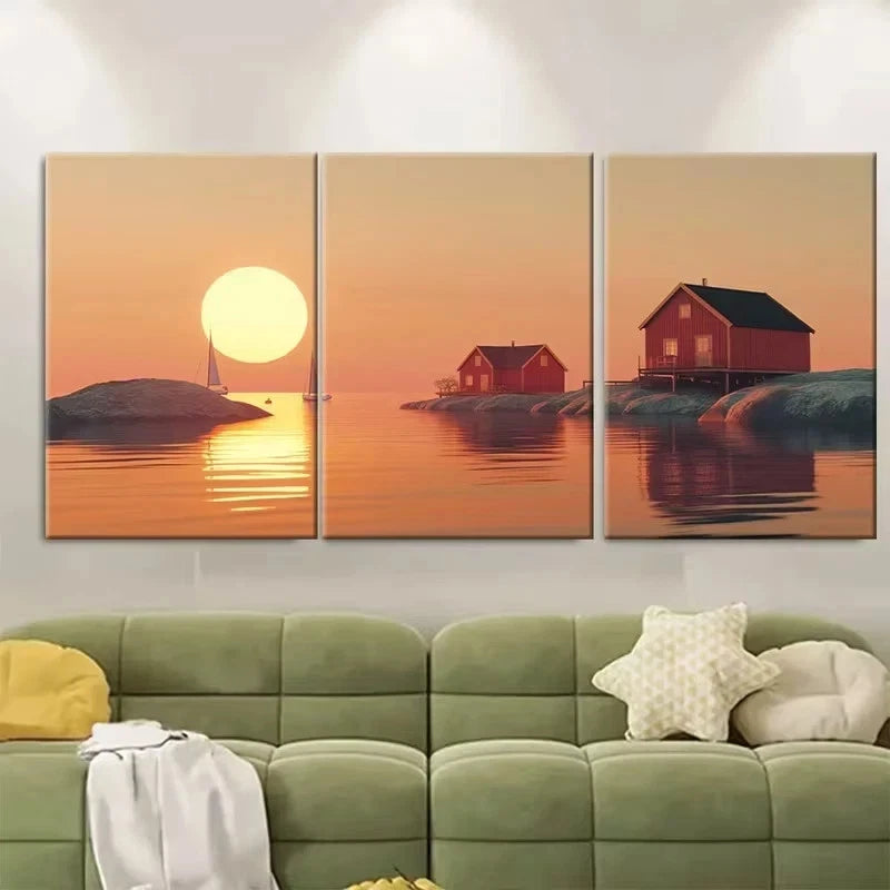3pcs Sun Over Swedish Archipelago Wall Art Set Canvas Framed 60x90cm – High Quality Print 100% Australian Made Wall Canvas Ready to Hang