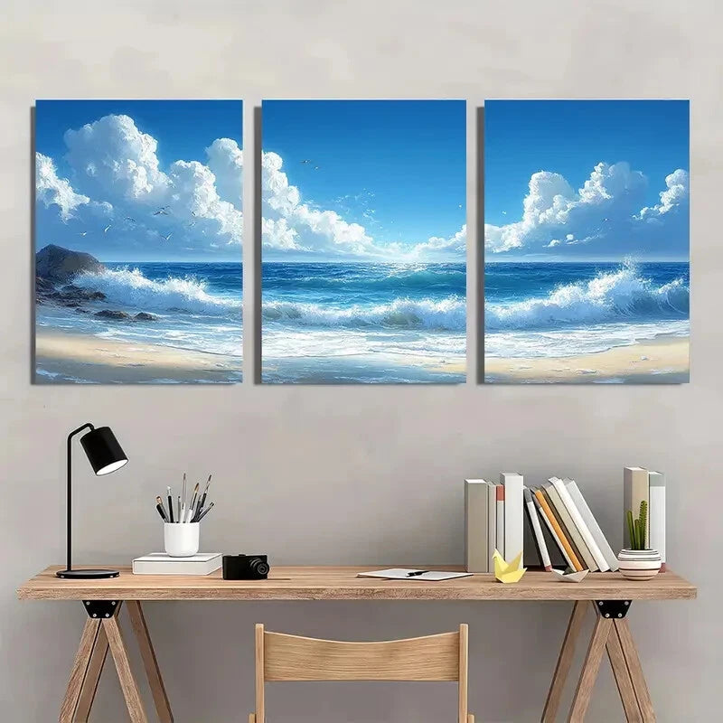 3pcs Vintage Beach Ocean Scene Blue Sky & Waves Metal Print Ready to Hang Art - Bella Home Decor