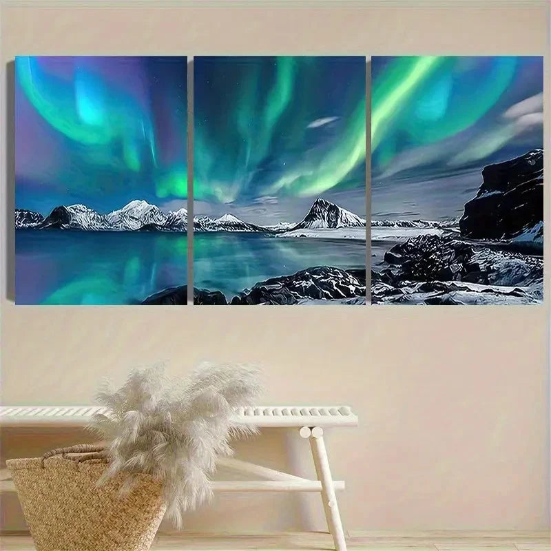 3pcs Aurora Borealis Over Mountains Wall Art Set Canvas Framed 50x70cm - High Quality Print 100% Australian Made Wall Canvas Ready to Hang - Bella Home Decor