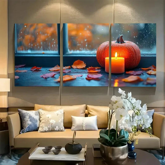 3pcs Rustic Autumn Pumpkin Scene with Candle Metal Print Ready to Hang Art