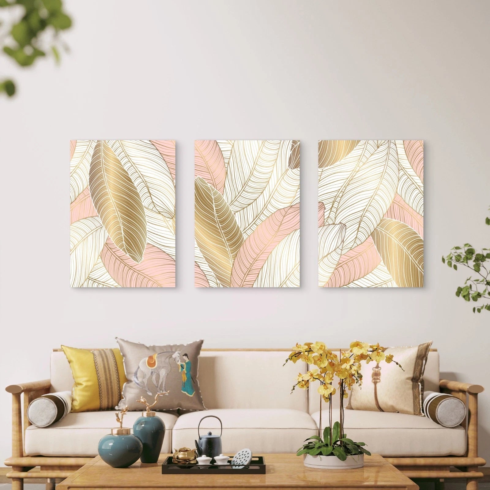 3pcs Gilded Banana Leaves Reflect Soft Light Wall Art Set Canvas Framed 50x70cm - High Quality Print 100% Australian Made Wall Canvas Ready to Hang - Bella Home Decor
