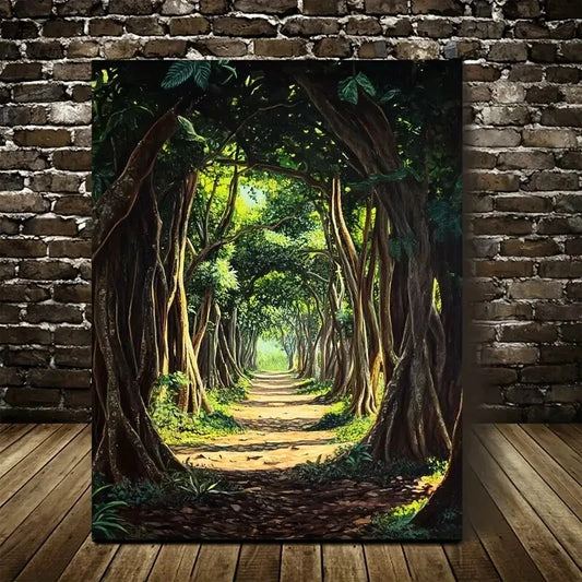 Beautiful Vibrant Nature Scene Lush Banyan Painting 40x60cm Metal Print Ready to Hang