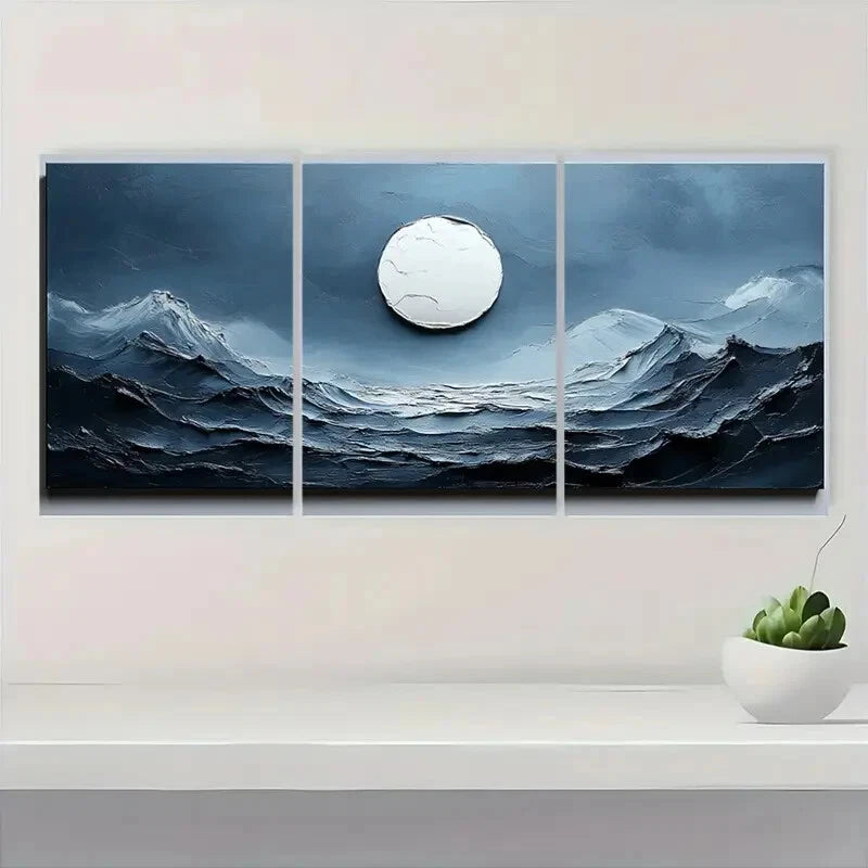 3pcs Blue & White Textured Minimalist Abstract Metal Print Ready to Hang Art - Bella Home Decor