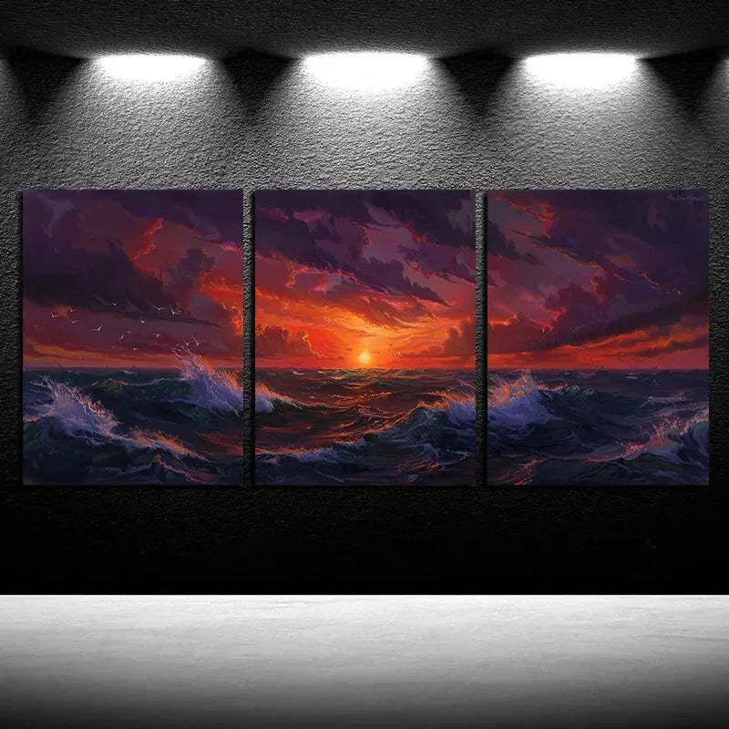 3pcs Ocean with Sunset Illustration Metal Print Ready to Hang Art - Bella Home Decor