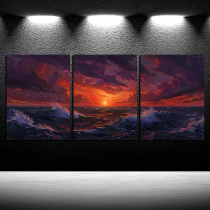 3pcs Ocean with Sunset Illustration Metal Print Ready to Hang Art - Bella Home Decor