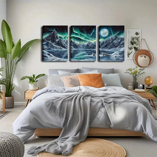 3pcs Northern Lights Night Sky Wall Art Set Canvas Framed 50x70cm - High Quality Print 100% Australian Made Wall Canvas Ready to Hang