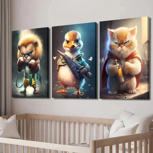 3pcs Lion Cub Soldier Duck & Superhero Kitten Wall Art Canvas Unframed - High Quality Print 100% Australian Made Wall Canvas