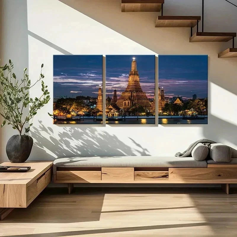 3pcs Bangkok Thailand Wat Arun Temple Wall Art Set Canvas Framed 50x70cm - High Quality Print 100% Australian Made Wall Canvas Ready to Hang - Bella Home Decor