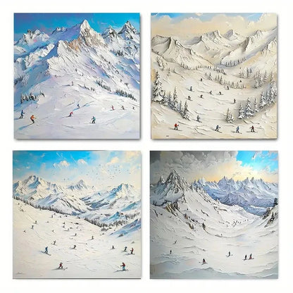 4pcs Ski Mountain Range Wall Art Canvas Framed