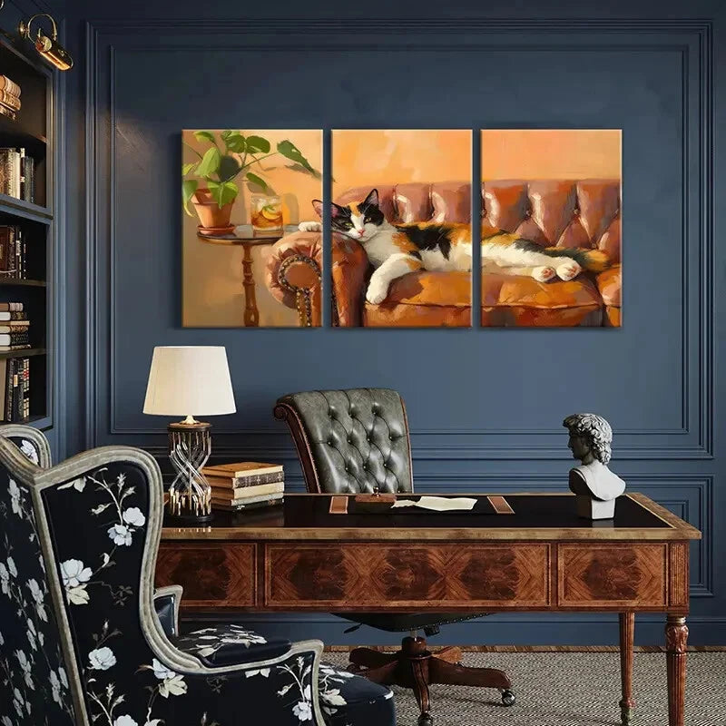 3pcs Artistic Cat On Sofa Warm Tones Cozy Metal Print Ready to Hang Art - Bella Home Decor
