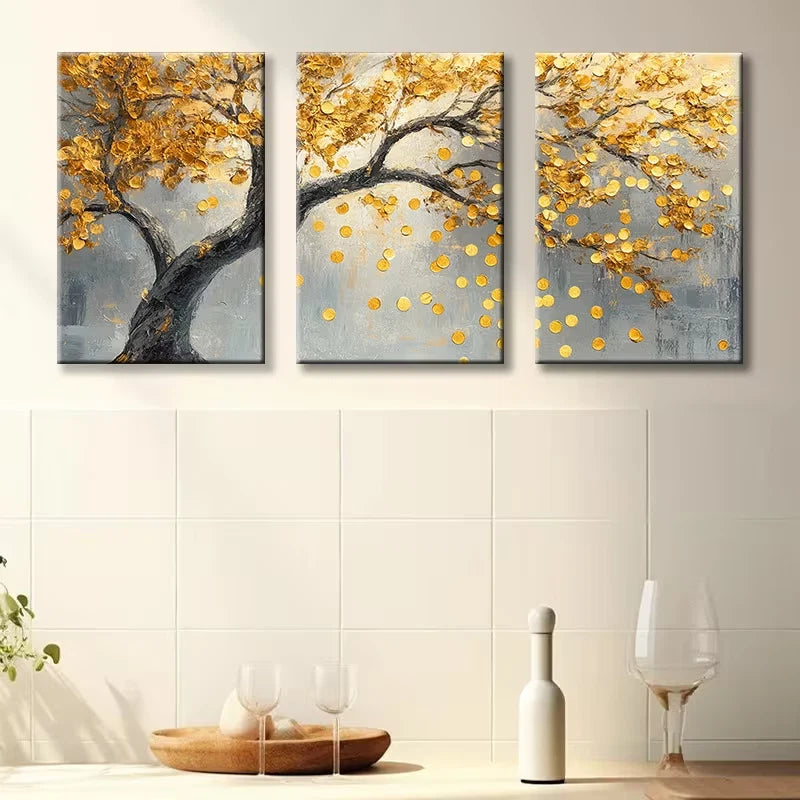 3pcs A tree with Golden leaves Illustration Wall Art Set Canvas Framed 60x90cm - High Quality Print 100% Australian Made Wall Canvas Ready to Hang - Bella Home Decor