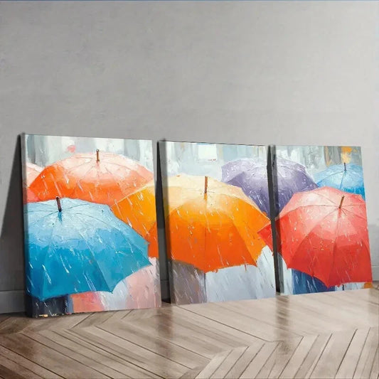 3pcs A Painting of Umbrellas in the Rain Perfect Wall Art Set Canvas Framed 60x90cm - High Quality Print 100% Australian Made Wall Canvas Ready to Hang
