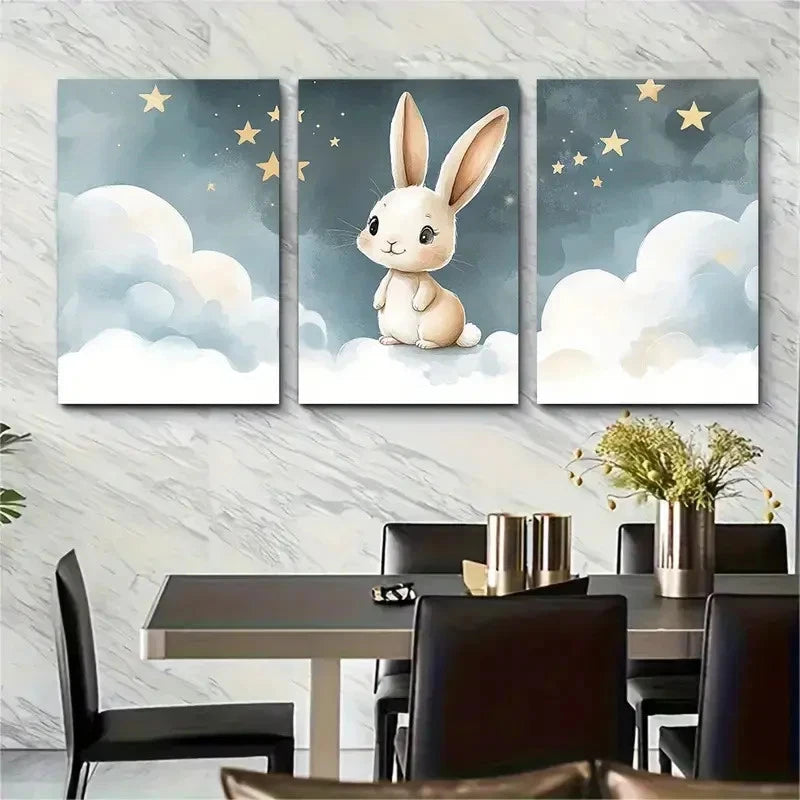3pcs Cute Cartoon Bunny Watercolor Art V  Wall Art Set Canvas Framed 60x90cm - High Quality Print 100% Australian Made Wall Canvas Ready to Hang - Bella Home Decor