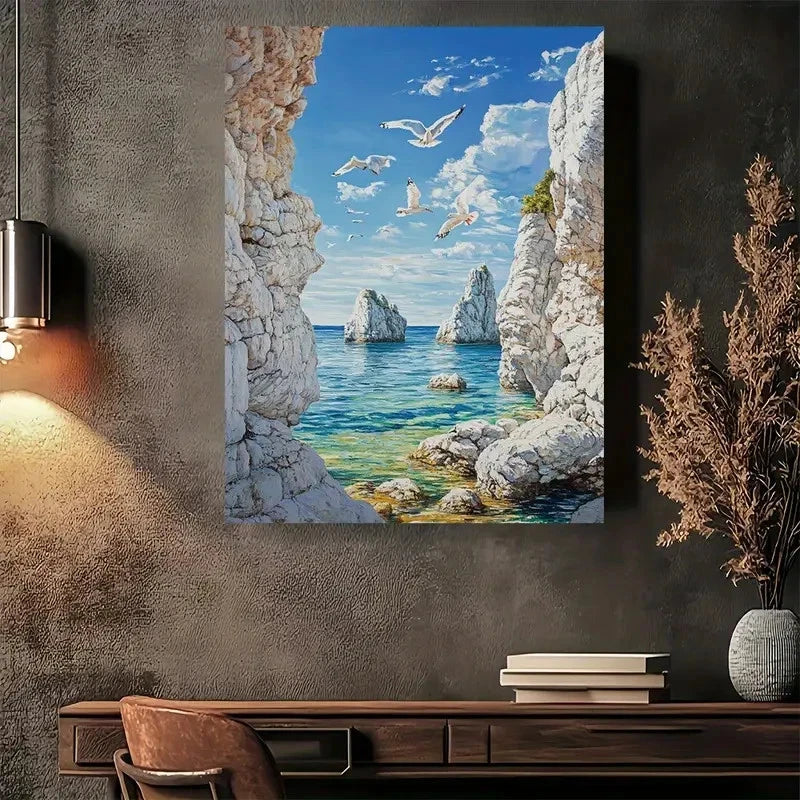 Beautiful Seagulls Over Blue Lagoon Painting 40x60cm Metal Print Ready to Hang - Bella Home Decor